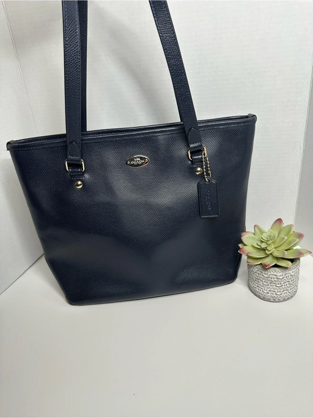 Coach Navy Pebbled Leather Tote with Tag and Gold Accent